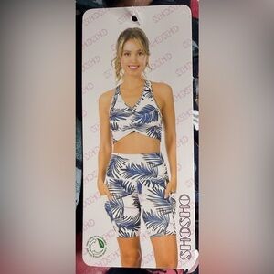 Shosho 2 Piece Watercolor Tie Dye Strappy Built-in Bra Athletic Workout Set